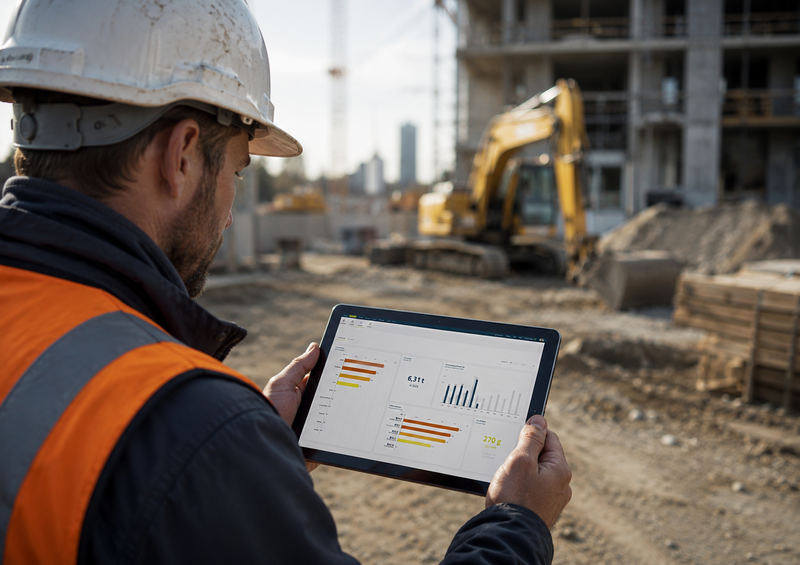 Bauleiter hält Tablet mit Auswertungsübersicht von geoCapture in der Hand