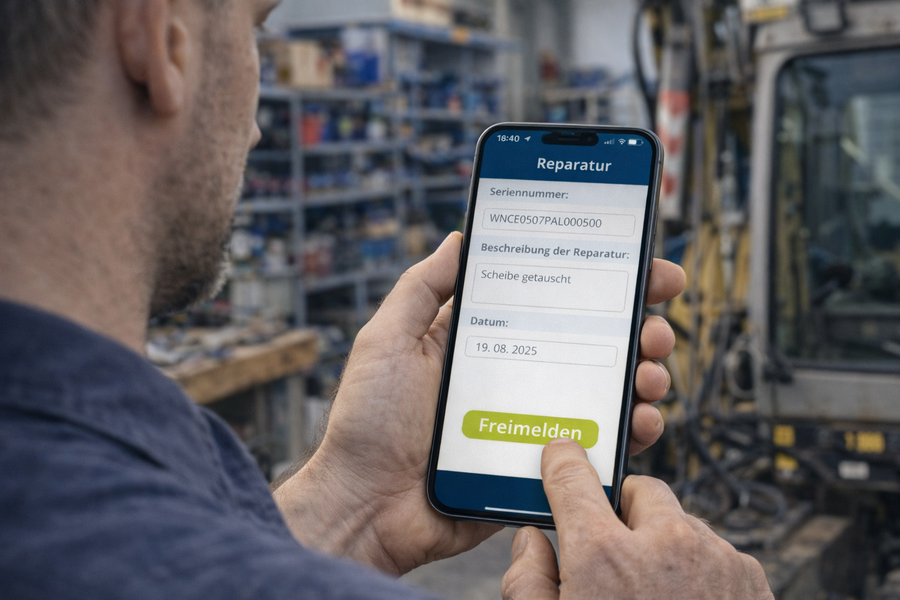 Mitarbeiter in der Werkstatt nutzt Smartphone mit geoCapture um einen Schaden freizumelden