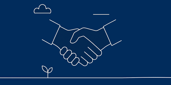 Illustration eines symbolischen Handschlags auf blauem Hintergrund – steht im geoCapture-Kontext für zuverlässige Partnerschaften, einfache Integration externer Dienste und automatisierte Zusammenarbeit durch Zapier-Schnittstellen.