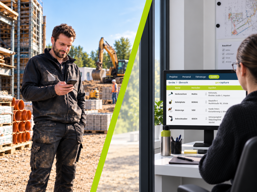 Bauarbeiter auf einer Baustelle nutzt ein Smartphone, während im Büro die Geräteübersicht von geoCapture geöffnet ist.