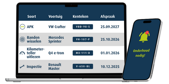 Fuhrparkmanagement-Übersicht mit Wartungsterminen und Smartphone-Benachrichtigung für Fahrzeugservice