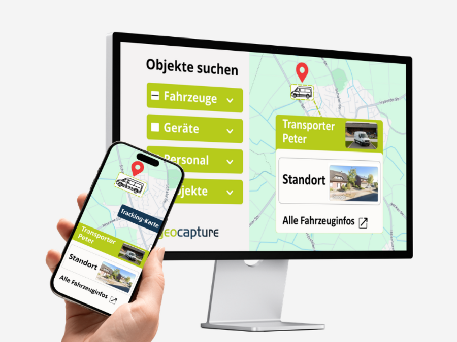 Ein Smartphone und ein Monitor zeigen eine geoCapture-Kartenansicht zur Objektsuche mit Kategorien wie „Fahrzeuge“, „Geräte“, „Personal“ und „Objekte“ sowie einem markierten Transporter-Standort.