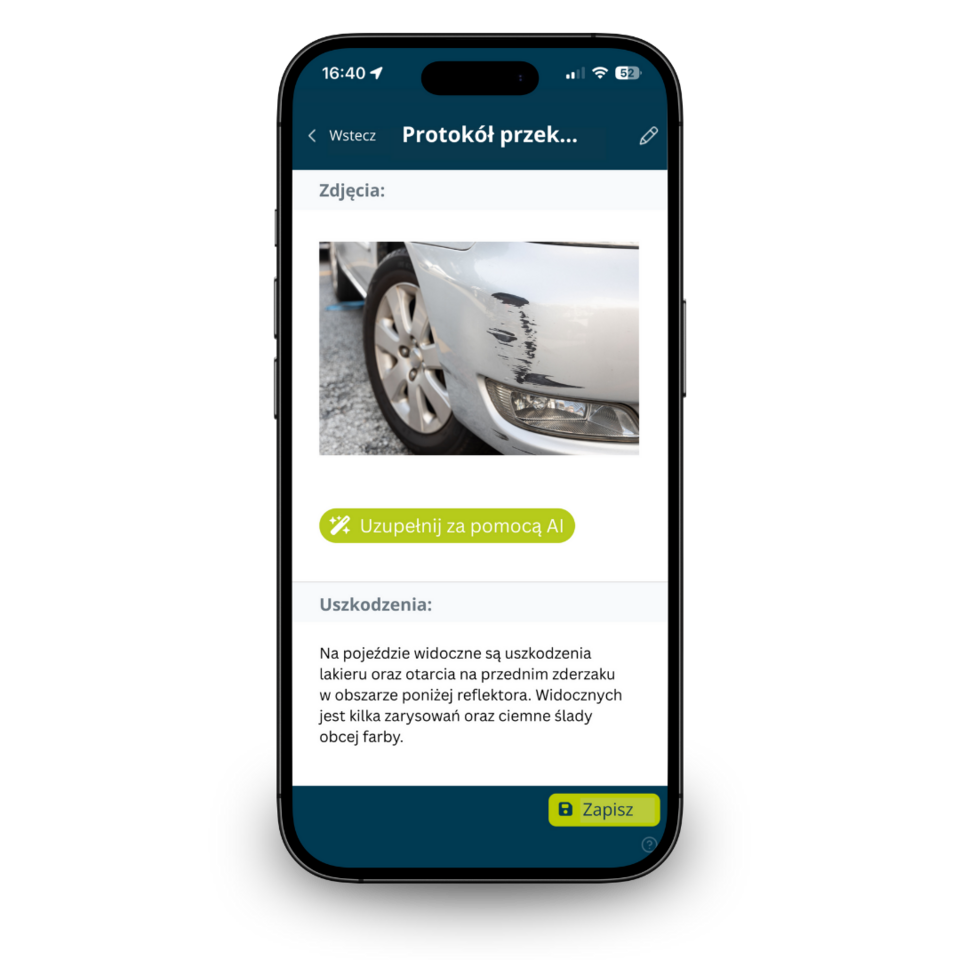 Smartphone-App zur digitalen Schadenserfassung mit Foto eines beschädigten Autostoßfängers und KI-Unterstützung