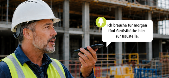 Man mit weißem Handy und gelber Warnweste auf einer Baustelle spricht in sein Handy 