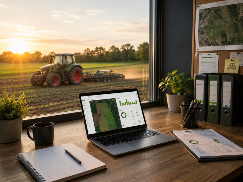 Arbeitsplatz mit Laptop und Auswertungen zur Feldanalyse vor großem Fenster; draußen arbeitet ein Traktor auf einem Feld bei Sonnenuntergang.