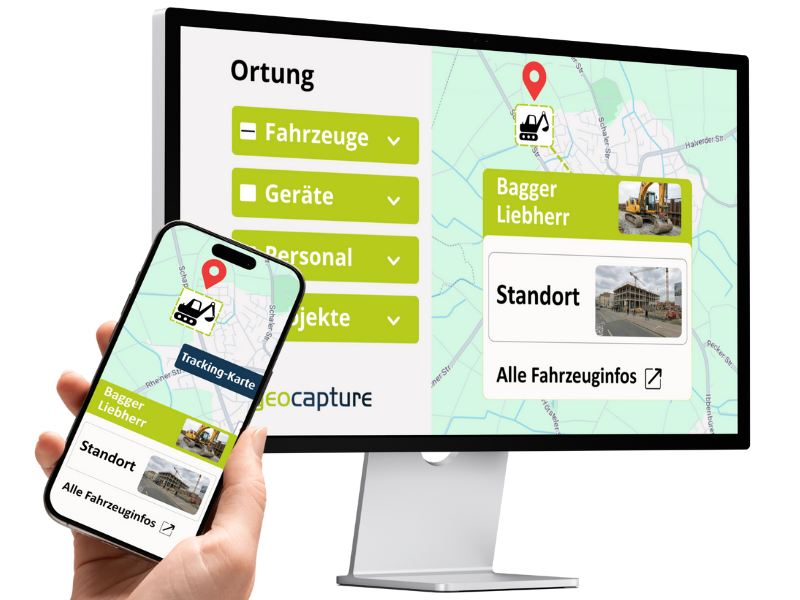 GPS-Ortung eines Baggers mit Standortanzeige auf Smartphone und Desktop in der geocapture App
