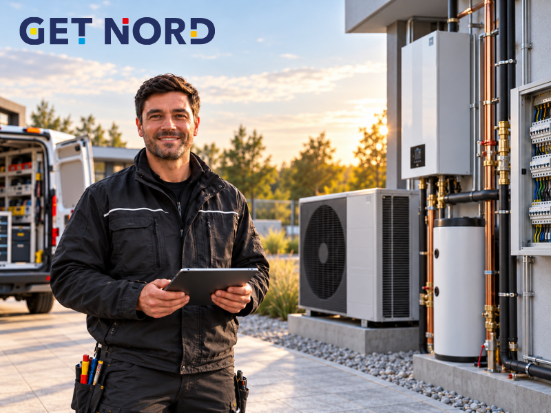 SHK-Handwerker mit Tablet vor Wärmepumpe und Elektroinstallation