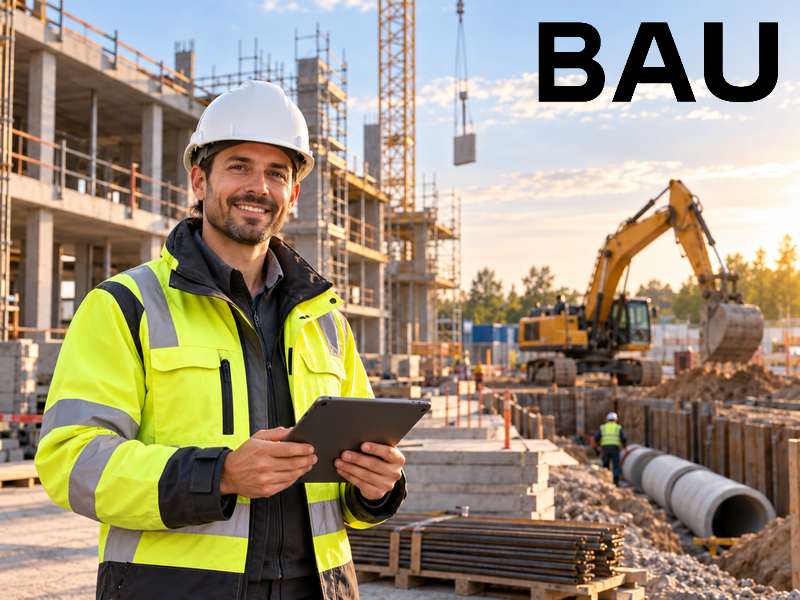 Ein Bauarbeiter mit weißem Schutzhelm und gelber Warnjacke steht mit einem Tablet auf einer Großbaustelle. Im Hintergrund sind Kräne, ein Bagger, Rohre und ein Gebäude im Bau zu sehen; oben rechts steht „BAU“.