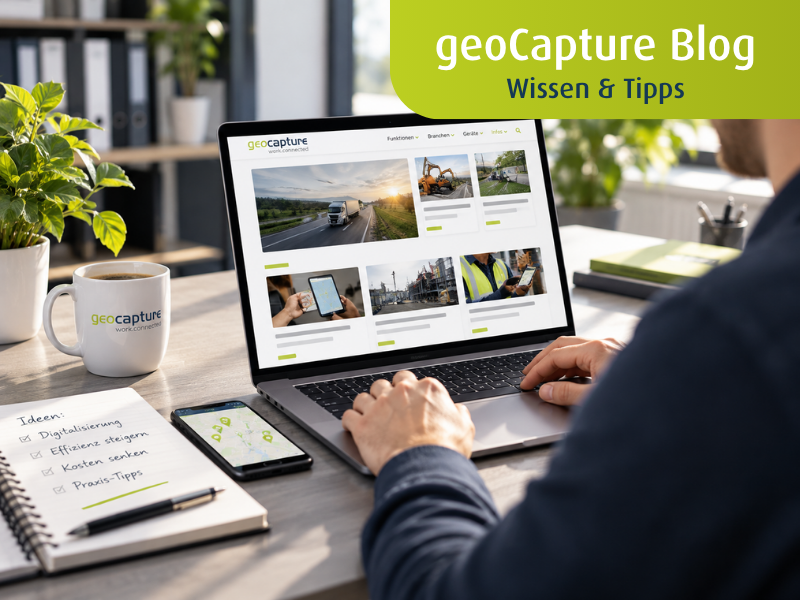 Laptop auf einem Schreibtisch der den Blog von geoCapture zeigt