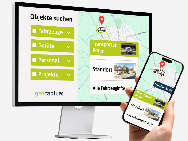 Ein Smartphone und ein Monitor zeigen eine GPS-Karte und Fahrzeuge