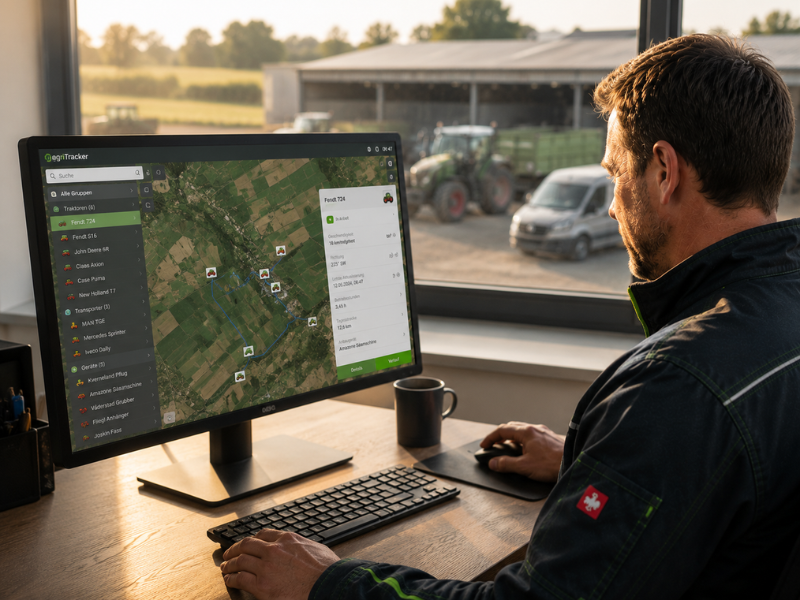 Ein Mitarbeiter überwacht auf einem Desktop-Computer die Live-Ortung von Traktoren und Fahrzeugen auf einer digitalen Karte; im Hintergrund sind Fahrzeuge auf einem landwirtschaftlichen Betrieb zu sehen.