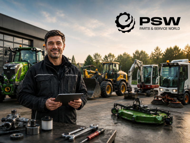 A smiling technician holding a tablet stands in front of several construction and maintenance machines, including tractors, loaders, compact excavators and a mower. The “PSW – Parts & Service World” logo appears in the upper right corner.