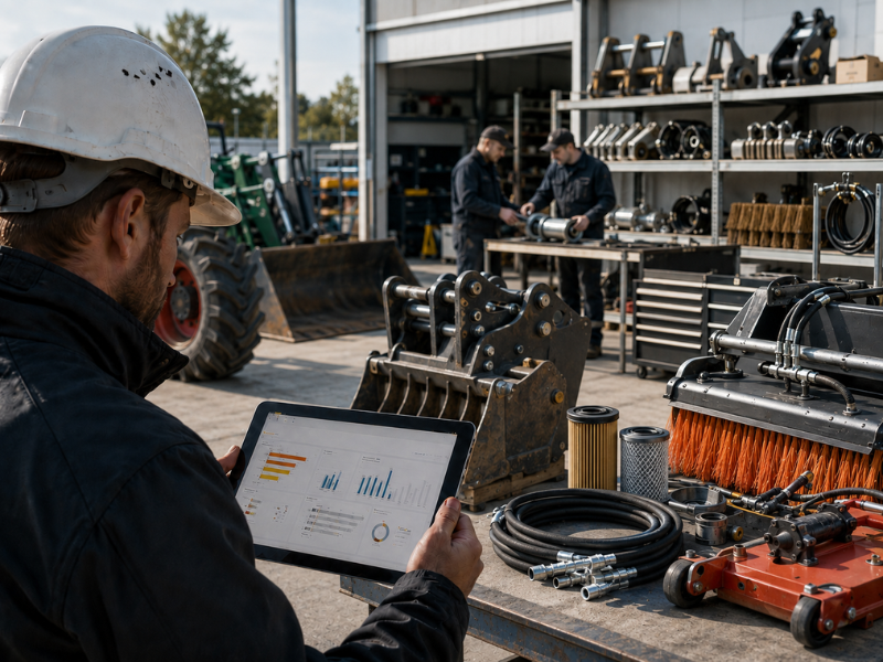 Ein Mitarbeiter mit Schutzhelm betrachtet auf einem Tablet Diagramme und Auswertungen. Vor ihm liegen Anbaugeräte, Filter, Schläuche und weitere Maschinenteile; im Hintergrund arbeiten zwei Personen in einer Werkstatt.