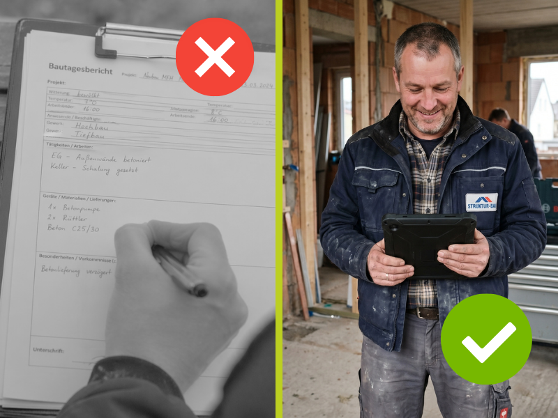 Vorher und Nachher Vergleich mit Zettel und mit digitaler Dokumentation auf der Baustelle