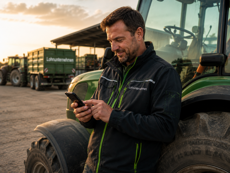 Ein Mitarbeiter lehnt an einem Traktor und nutzt ein Smartphone zur mobilen Zeiterfassung; im Hintergrund stehen weitere landwirtschaftliche Fahrzeuge auf dem Betriebsgelände.