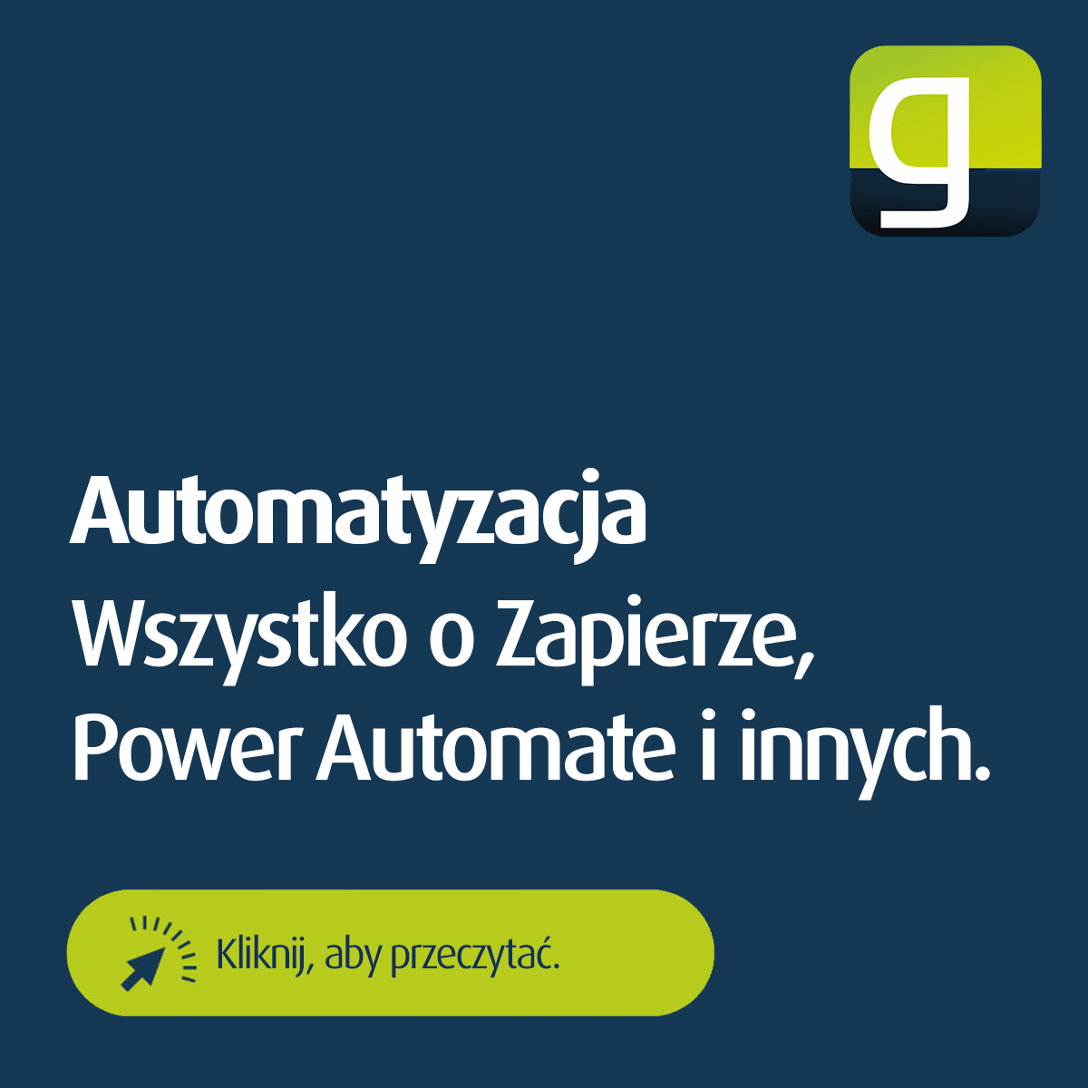Grafika z logo geoCapture i dopiskiem "Automation - Everything about Zapier, Power Automate and Co." wraz z przyciskiem call-to-action - zwiastunem dalszych informacji na temat zautomatyzowanego tworzenia sieci procesów z geoCapture.