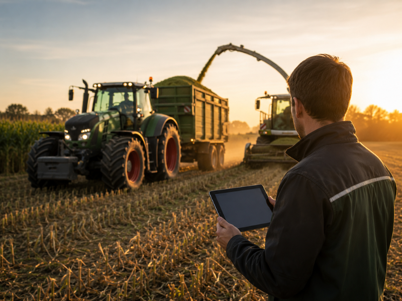 Ein Landwirt analysiert auf einem Tablet Felddaten und Auswertungen, während im Hintergrund ein Traktor auf dem Feld arbeitet.