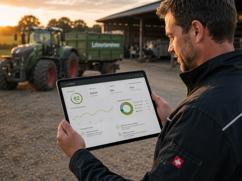 Ein Mitarbeiter analysiert auf einem Tablet ECO-Score- und Verbrauchsdaten, während im Hintergrund ein Traktor mit Anhänger auf einem landwirtschaftlichen Betrieb steht.