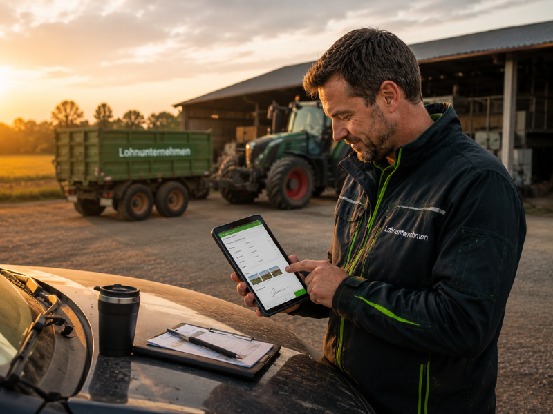 Ein Mitarbeiter nutzt ein Tablet zur mobilen Datenerfassung auf einem landwirtschaftlichen Betrieb; im Hintergrund stehen ein Traktor und ein Anhänger vor einer Halle bei Sonnenuntergang.