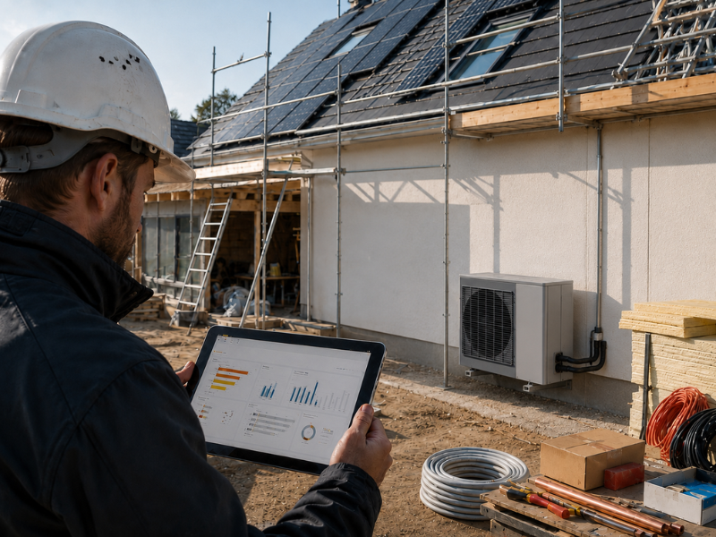 Bauleiter hält Tablet mit Auswertungsübersicht von geoCapture in der Hand
